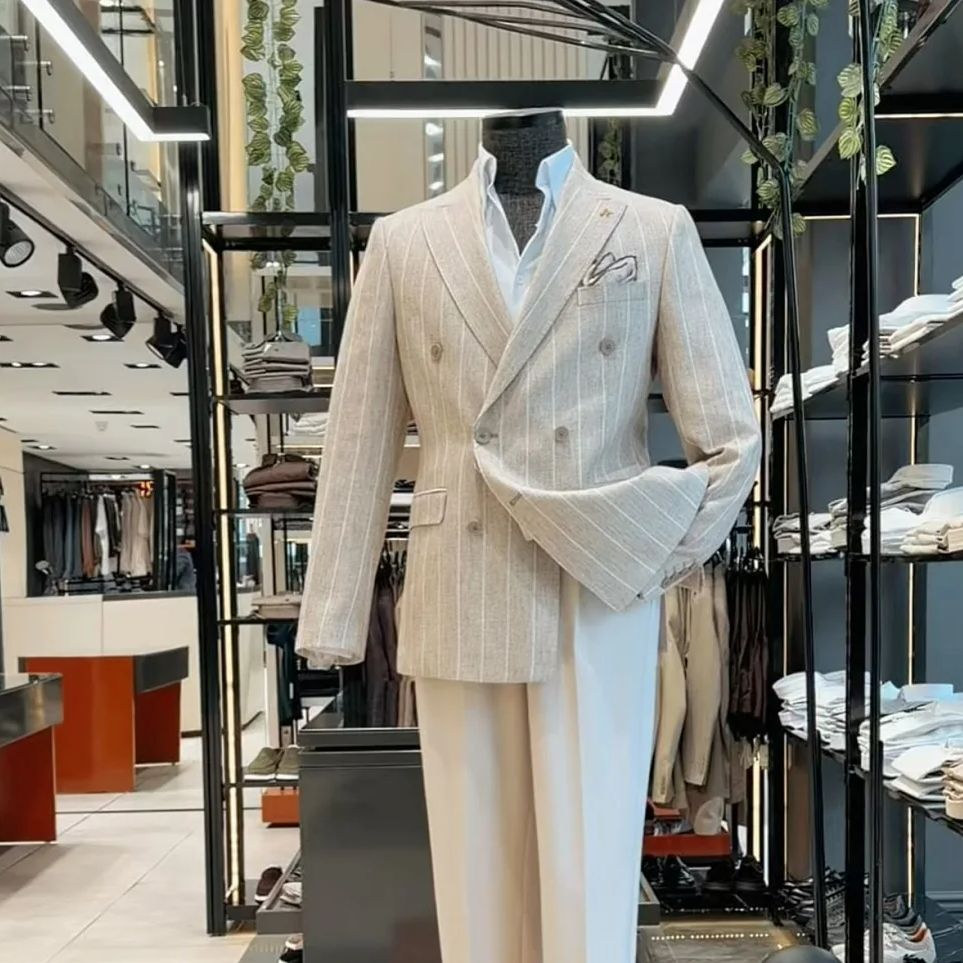 Beige Pinstripe Double Breaste - Men'S Grooming Daily 评论和价格